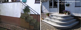 neu gestalteter Hauseingang mit runder Treppe aus Naturstein, Niedersachsen